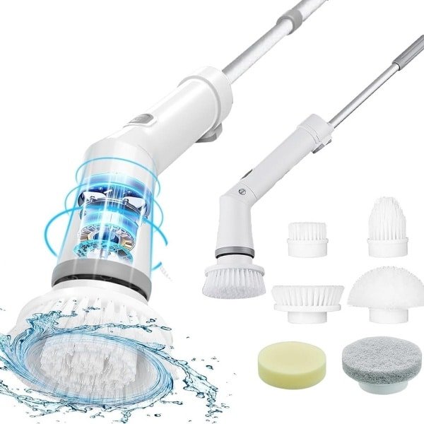 Elektrische Schrobber met Verstelbare Steel en 6 Borstels voor Badkamer en Keuken