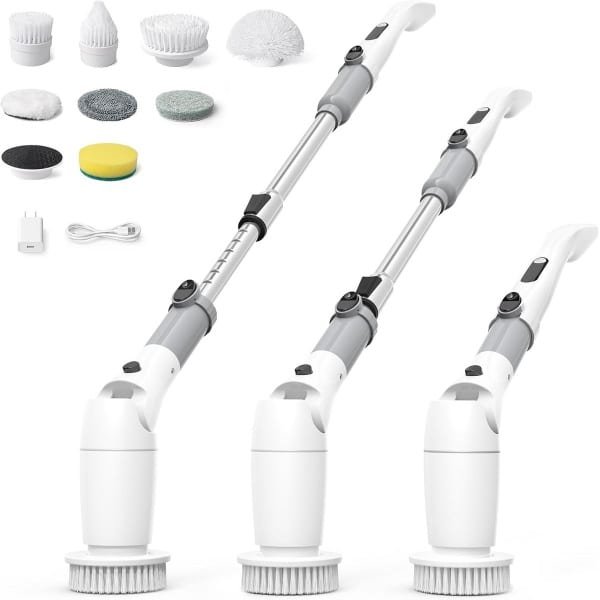 Elektrische Spinschrobber Draadloos met Verstelbare Steel en 8 Borstels - Krachtige Reinigingsborstel voor Badkamer, Keuken en Tegels