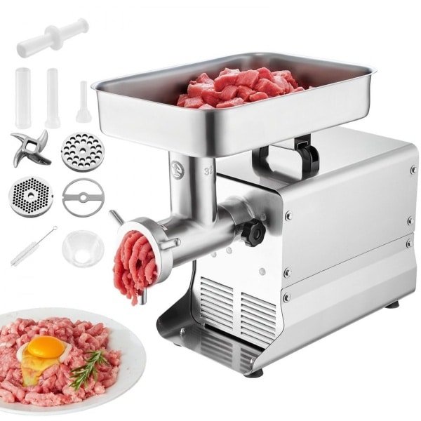 Elektrische Vleesmolen - Commerciële/Industriële Worstmaker & Worstvuller - 1100 W - 9,53 kg/min - RVS behuizing - Inclusief mes en maalplaten - Voor keuken en restaurant