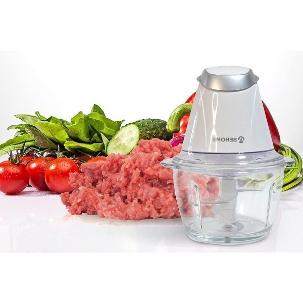 Elektrische hakmolen voor de keuken - capaciteit 1 l - dubbel lemmet van staal - 300 W - vleesmolen en groenten - vlees groenten kaas pesto - BEHOME.