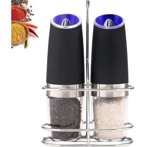 Elektrische peper - en zoutmolen - RVS automatische peper - en zoutmolen, op batterijen, met LED licht spice mixer, voor in de keuken (set van 2)