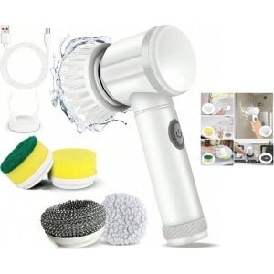 Elektrische reinigingsborstel - Elektrische roterende schrobber - Met 5 borstelkoppen - Geschikt voor het afwassen van de keuken, het reinigen van badkamertegels, het ontkalken van badkuipen en douches en het schrobben van ramen - Wit