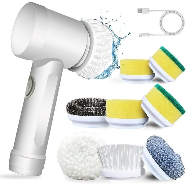Elektrische schoonmaakborstel met 3 koppen - Voor badkamer, keuken en tegels - Automatische reiniging van oppervlakken en hoeken - Draadloos en oplaadbaar - Inclusief accessoires (wit)