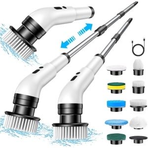 Elektrische spinscrubber, snoerloze douchescrubber tot 450 tpm met 7 vervangbare borstelkoppen, verstelbare verlenggreep Elektrische scrubber voor het reinigen van badkamer, bad, keuken en auto