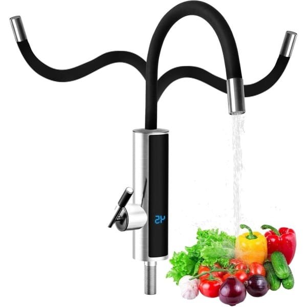 Elektrische waterkraan 3000W - Doorstroomboiler met LED-temperatuurweergave - 360 graden draaibaar - Roestvrijstalen keukenkraan voor keuken, badkamer, caravan & camping - Zwart
