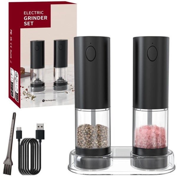 Elektrische zout- en pepermolenset, automatische molen, verstelbare grofheid, ledlampje - handige bediening met één hand - perfect voor keuken en barbecue - inclusief zout- en peperstrooiers (2 stuks zwart)