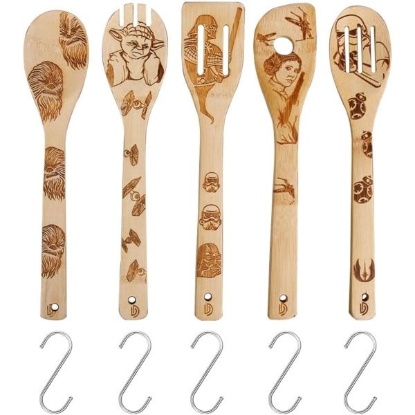 Famanu - 5 Stks Houten Lepels Voor Koken Bamboe Keukengerei Set Met S Vorm Rvs Haak Lepel Nonstick Kookgerei Turners Gesneden Spatels Set Keuken Gereedschap Gadgets Star Wars Burned Geschenken