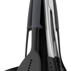 Famanu - Keukengerei & keuken gadgets set - 6 stuks met roterende houder - ergonomische siliconen handgrepen - anti-aanbak kop - grijs