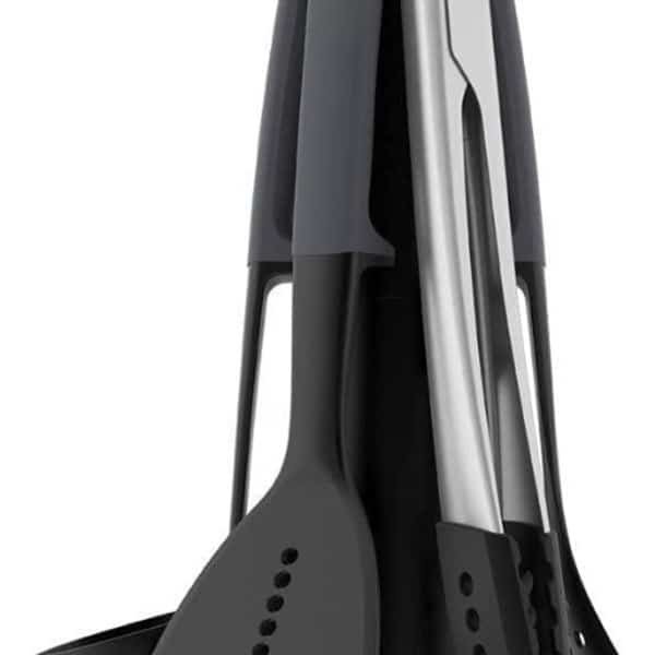 Famanu - Keukengerei & keuken gadgets set - 6 stuks met roterende houder - ergonomische siliconen handgrepen - anti-aanbak kop - grijs