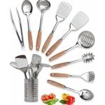 Famanu - Roestvrij Staal Keukengerei Set - Nonstick Roestvrij Staal Kookgerei Set - Hittebestendige Keukenbenodigdheden & Metalen Keuken Gadgets (10 stuks- Hout en Zilver)