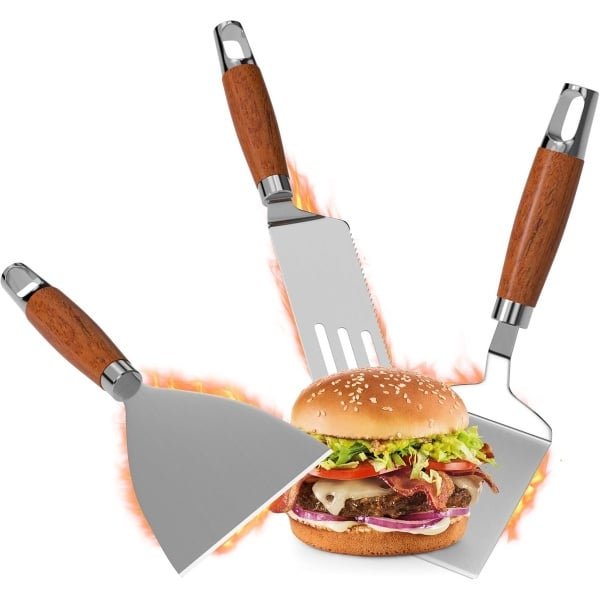 Grill spatula set van 3 stuks - Plancha spatula - Plancha accessoires met grote grill spatula - Pizza spatula voor smashburgers - Vis steaks - Keuken koken - Teppanyaki barbecue - Pizza