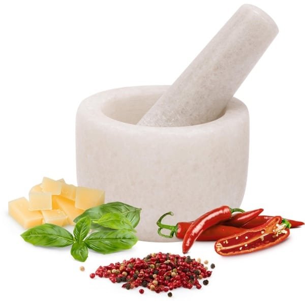 H&S vijzel met stamper set - Ø 8,5 cm - Keuken accessoires - Vijzels om kruiden noten of medicijnen te malen - Maak pesto of guacamole - Wit marmer