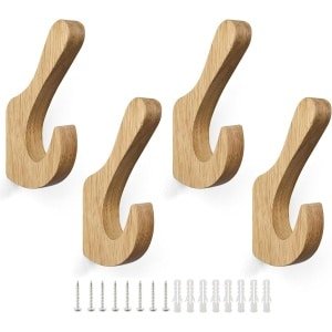 Houten kledinghaken set van 4, massief houten wandhaken met dubbele haken, inclusief schroeven en expansiebuis - garderobe accessoires voor woonkamer, slaapkamer, keuken