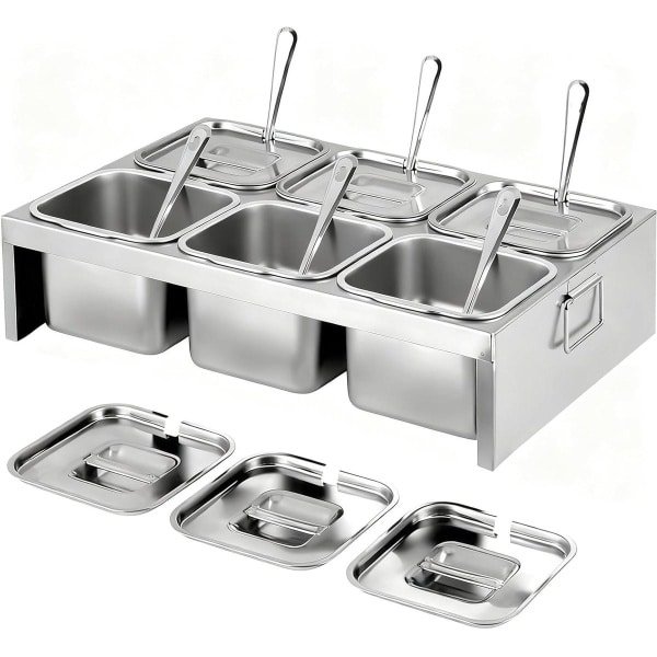 Ingrediëntenbakken set met 6 RVS bakken, deksels en lepels - 6-vaks tray voor pizzatoppings - keuken en horeca accessoire.