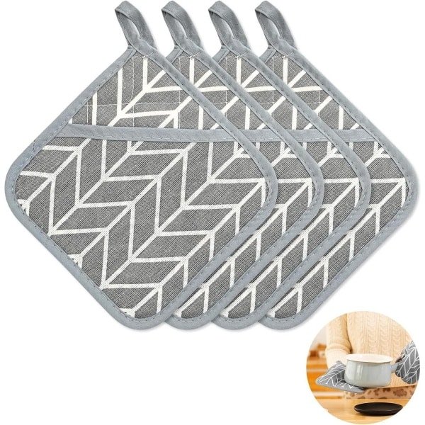 Katoenen pannenlappen set van 4, hittebestendig, 17 x 17 cm, keuken accessoires, grijs.