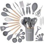 Keuken Anti-Aanbakset - Hittebestendige Siliconen Gebruiksvoorwerpen met Houten Handvat - Pollepels, Lepels en Spatels Set - Keukengereedschap en Accessoires - 35 Stuks - Grijs