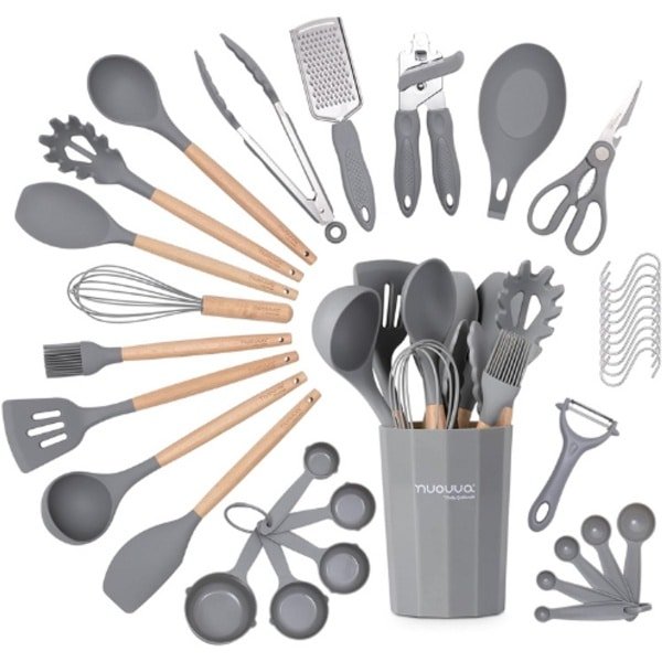 Keuken Anti-Aanbakset - Hittebestendige Siliconen Gebruiksvoorwerpen met Houten Handvat - Pollepels, Lepels en Spatels Set - Keukengereedschap en Accessoires - 35 Stuks - Grijs