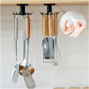 Keukengerei Houder voor Thuis - 360 Gradendraaibaar - Zonder Boren - Keuken Accessoires - Kookbenodigdheden - Voor Keuken - 2 Stuks - Wandhaaklijst - Geschikt voor Keuken - Zwart