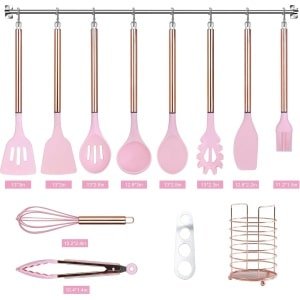 Keukengerei Set met houder, 22 stuks siliconen kookgerei set voor anti-aanbak kookgerei, hittebestendige spatel set, roestvrij stalen handvat keuken gadgets keukengerei set (roze)