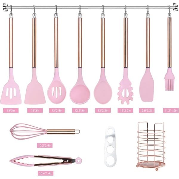 Keukengerei Set met houder, 22 stuks siliconen kookgerei set voor anti-aanbak kookgerei, hittebestendige spatel set, roestvrij stalen handvat keuken gadgets keukengerei set (roze)