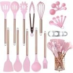 Keukengerei Set met houder, 22 stuks siliconen kookgerei set voor anti-aanbak kookgerei, hittebestendigheid spatel set, roestvrijstalen handvat keuken gadgets gebruiksvoorwerpen set (roze)