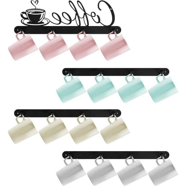 Koffiebekerhouder voor aan de muur gemonteerd metaal - koffiemok hanger met 16 haken - koffietekens decoratie - keuken en koffiebar accessoires