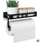 Kruidenrek met Keukenrolhouder - Haken Inclusief - Wandkruidenrek Zonder Boren - Kruiden Organizer Keuken - Zwart - Muuropbergrek - Keuken Accessoire