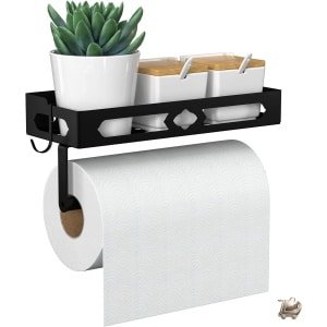 Kruidenrek met Keukenrolhouder - Haken Inclusief - Wandkruidenrek Zonder Boren - Kruiden Organizer Keuken - Zwart - Muuropbergrek - Keuken Accessoire