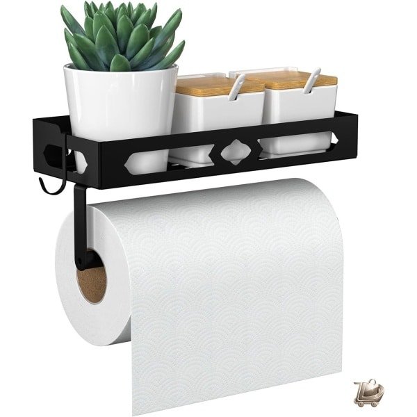 Kruidenrek met Keukenrolhouder - Haken Inclusief - Wandkruidenrek Zonder Boren - Kruiden Organizer Keuken - Zwart - Muuropbergrek - Keuken Accessoire