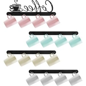 MK Stoer - Koffiebekerhouders - Muur gemonteerd - Metaal - Koffiemok - Organizer - Opbergrek - 16 haken - Koffietekens - Decoratie - Keuken - Bar - Station - Accessoires - Geschikt voor elke keukenstijl