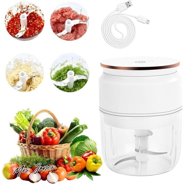 Mrs. Jones Elektrische uiensnijder 300 ml - hakmolen keuken oplaadbaar - groentesnijder vlees knoflook fruit (wit) .