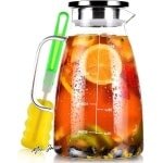 Mrs. Jones Glazen Karaf 2 liter Waterkrug Waterkruik Werper met Deksel IJstheekannen Basic WaterKaraf Hittebestendig Borosilicaat voor Koud Water Sap hete Koffie ijs Drinken - Grote Capaciteit Huis Keuken Accessoire .