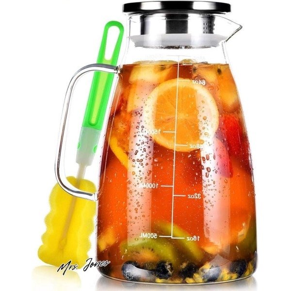 Mrs. Jones Glazen Karaf 2 liter Waterkrug Waterkruik Werper met Deksel IJstheekannen Basic WaterKaraf Hittebestendig Borosilicaat voor Koud Water Sap hete Koffie ijs Drinken - Grote Capaciteit Huis Keuken Accessoire .