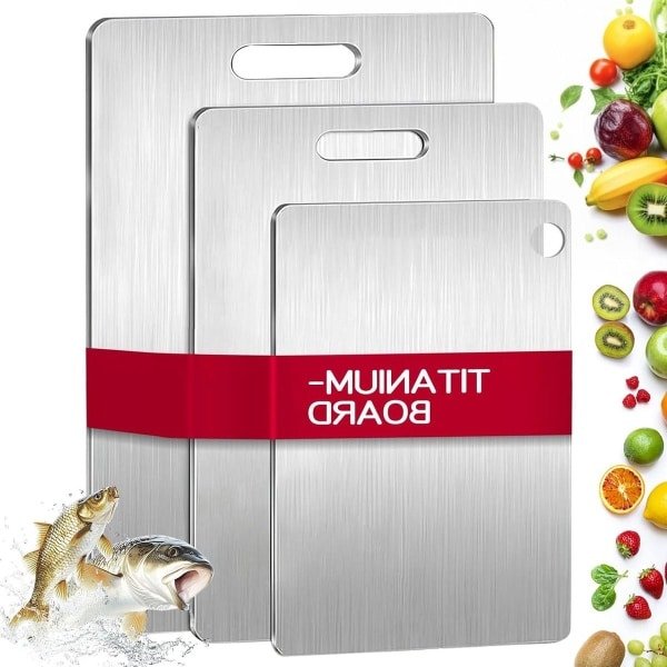 Multifunctionele Titanium Snijplank Set - 3 stuks, RVS, Duurzaam en Dubbelzijdig - Keuken Accessoires.