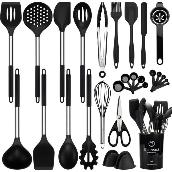 NCUE Kookgerei Set, 28 stuks Siliconen Keukengerei Set met Houder, Siliconen Garde, Spatels, Schaar, Maatbekers en Lepels Set met RVS Handvat Keuken Gadgets (zwart)