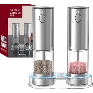OPLAADBAAR Elektrische zout- en pepermolenset, automatische molen, verstelbare grofheid, ledlampje-handige bediening met één hand-perfect voor keuken barbecue-inclusief zout- en peperstrooiers (2 stuks Zilver)