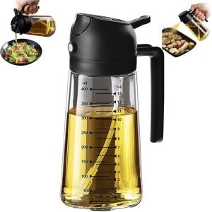 Oliefles - Inclusief Kook Ebook - Olijfolie Fles Verstuiver voor Keuken - Glazen olijfoliespuitfles - Glazen spuitfles - Multifunctioneel voor koken - 470ml - Zwart - Geschikt voor keukengadgets en airfryer-accessoires