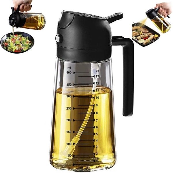 Oliefles - Inclusief Kook Ebook - Olijfolie Fles Verstuiver voor Keuken - Glazen olijfoliespuitfles - Glazen spuitfles - Multifunctioneel voor koken - 470ml - Zwart - Geschikt voor keukengadgets en airfryer-accessoires