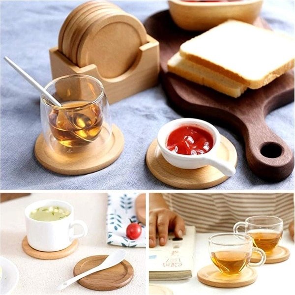 Onderzetters Set met Houder - Houten Drinkbeker Onderzetters - Ronde Onderzetters voor Thuis - Keuken Tafel Accessoires - Housewarming Geschenk