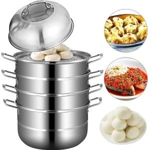 Polaza® Voedselstomer - Set van 4 Potten - Keuken Accessoires - Pannen - Stoompan - Stoompot - Stomer - Roestvrij Staal - Zilver
