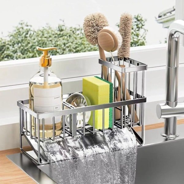 QTTVBTNA - 1 Stuk Gootsteen Organizer - RVS - Roestbestendige Sink Caddy met Borstelhouder - Spons Houder en Zeepdispenser Tray voor Keuken - Aanrecht Opberger voor Afwasborstel, Spons en Schoonmaakaccessoires - Modern Keuken Accessoire Zilver