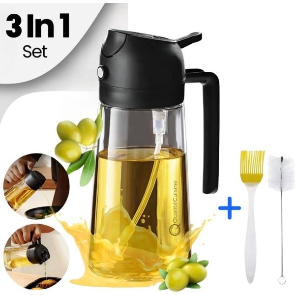 QualitéCuisine® Olijfolie Sprayer 470ml - Vernieuwde Versie - Olie Sprayfles Glas - Olieverstuiver / Oliefles - Airfryer Accessoires - Voor BBQ, Keuken & Bakken - Zwart