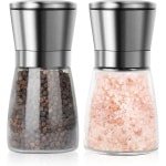 RVS zout en pepermolen set met glazen houder, handmatig navulbaar - verstelbare grofheid - keuken accessoires - 2 stuks