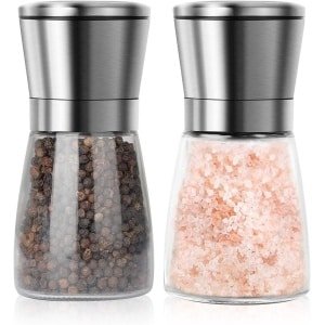 RVS zout en pepermolen set met glazen houder, handmatig navulbaar - verstelbare grofheid - keuken accessoires - 2 stuks