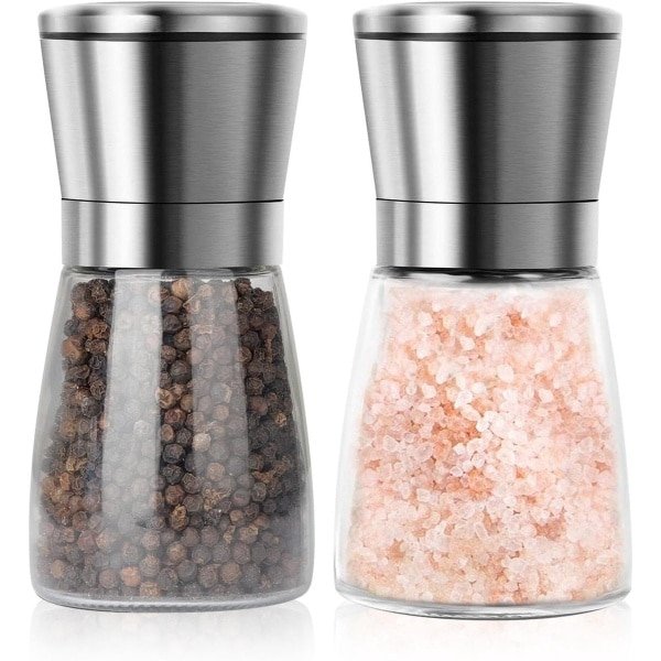 RVS zout en pepermolen set met glazen houder, handmatig navulbaar - verstelbare grofheid - keuken accessoires - 2 stuks