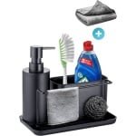 Rilenta Keuken Organizer met Vaatdoekhouder & Zeepdispenser RVS - Met Schoonmaakdoek - Aanrecht Organiser met Afdruiprek - Gootsteenkast Keukenkast Organizers - Keukenrek - Opbergrek - Sponshouder - Gootsteenbakje - Accessoires - Cadeau - Zwart