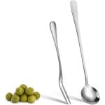 Roestvrijstalen Olijflepel en Komkommervork Set - Lange Handgreep Pick Pot Serveerlepel - Kooklepel voor Thuis, Keuken en Restaurant - Buffet Accessoires - Set van 2 Stuks
