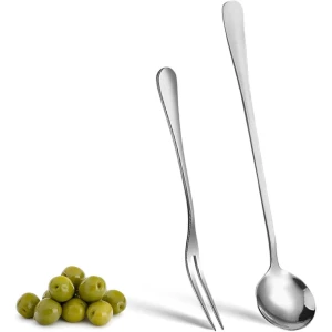 Roestvrijstalen Olijflepel en Komkommervork Set - Lange Handgreep Pick Pot Serveerlepel - Kooklepel voor Thuis, Keuken en Restaurant - Buffet Accessoires - Set van 2 Stuks