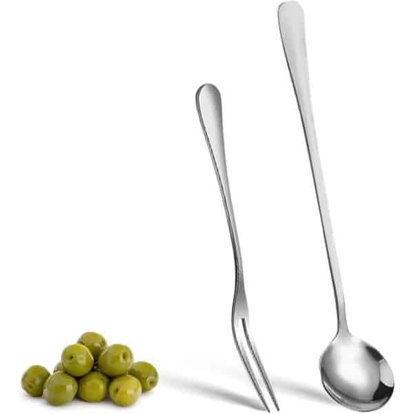 Roestvrijstalen Olijflepel en Komkommervork Set - Lange Handgreep Pick Pot Serveerlepel - Kooklepel voor Thuis, Keuken en Restaurant - Buffet Accessoires - Set van 2 Stuks