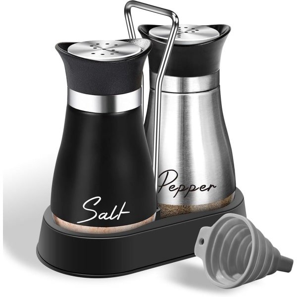 Salt & Pepper Set - Set van 2 Zout- en Peperpotten - RVS Houder en Opvouwbare Trechter - Specerij Dispenser - Keuken Accessoires voor Koken en Kamperen (Zilver+Zwart)